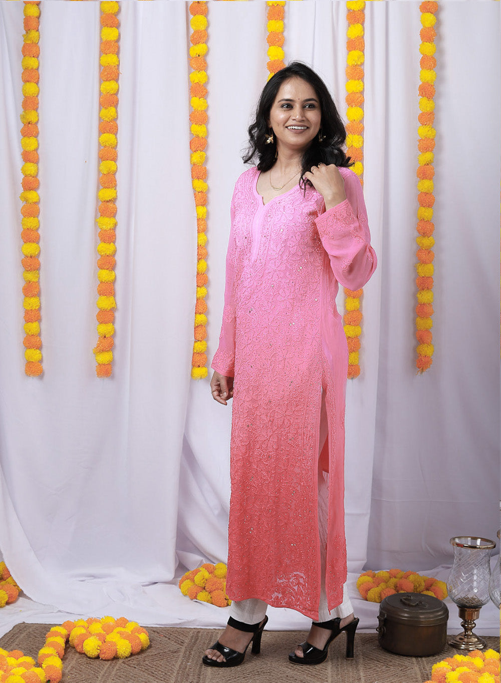 Nazakat Light Pink - Anjuman Viscose Ombre Front Jaal Chikankari Kurta