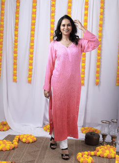 Nazakat Light Pink - Anjuman Viscose Ombre Front Jaal Chikankari Kurta