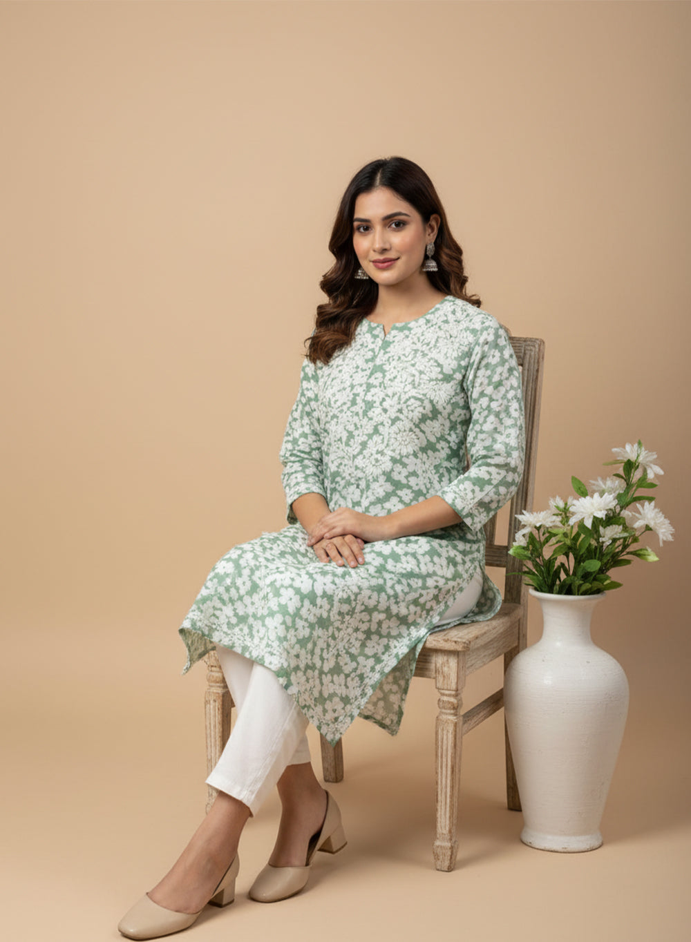Gul-daar Olive Green - Bahaar Mul Cotton Chikankari Kurta