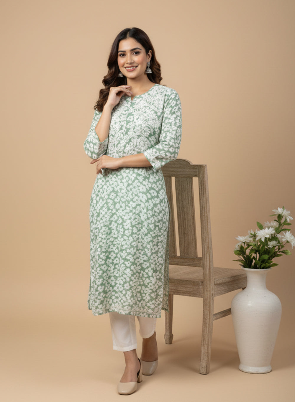 Gul-daar Olive Green - Bahaar Mul Cotton Chikankari Kurta
