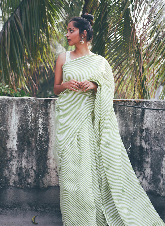 Green Lehariya - Kota Aks Cotton Chikankari Saree