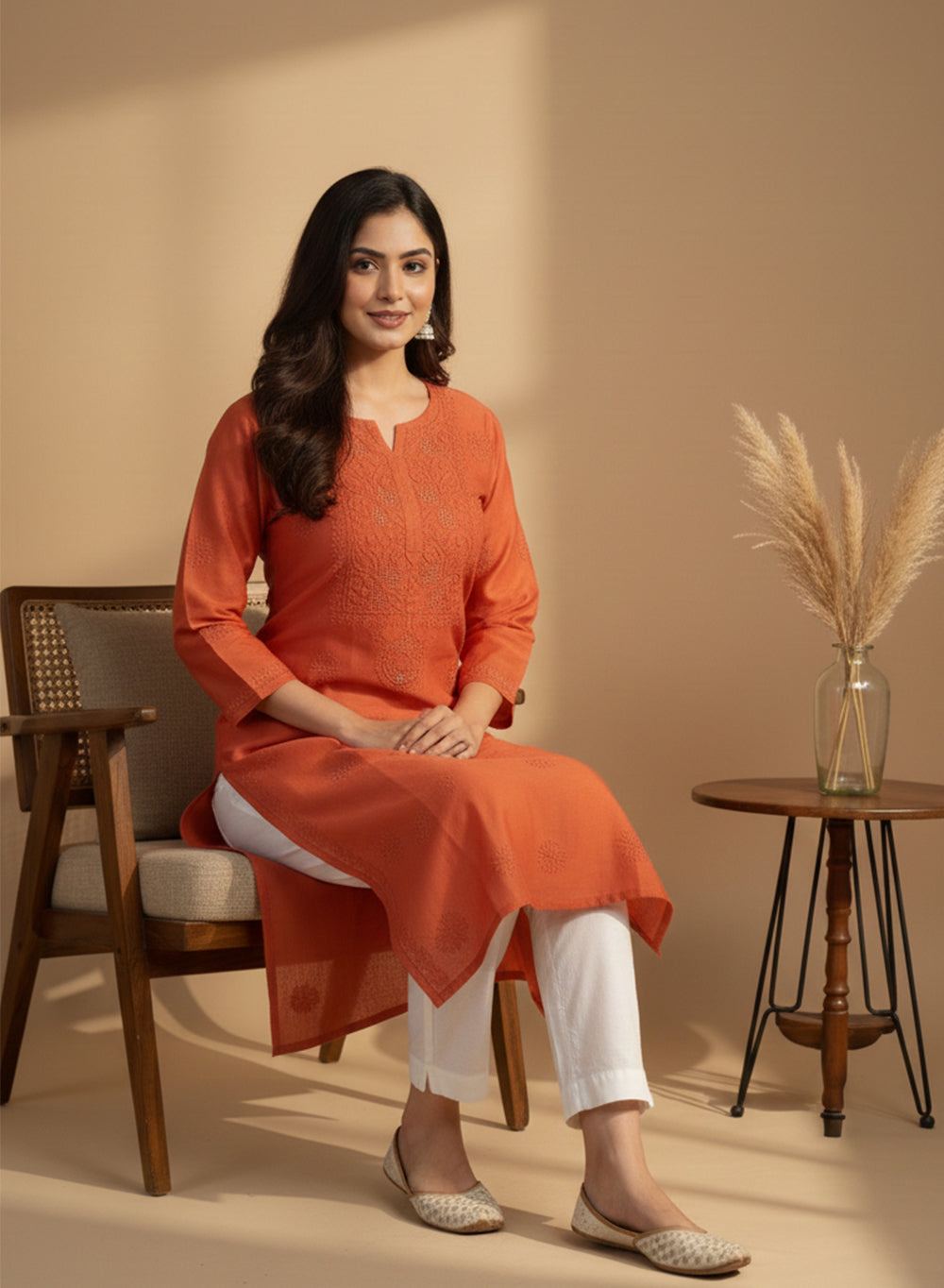 Swara Orange - Anjuman Chanderi Cotton Chikankari Kurta