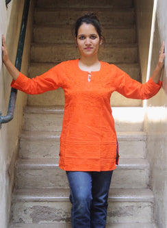 Orange - Gulshan Cotton Chikankari Short Top