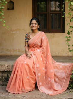 Orange - Cotton Terry Voile Aks Chikankari Saree