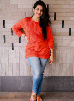 Orange Buttons - Gulshan Cotton Chikankari Short Top