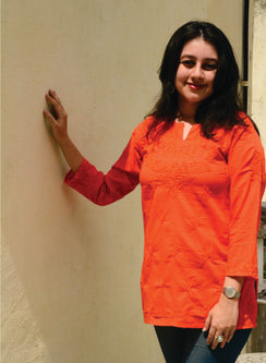 Orange Checks - Gulshan Cotton Chikankari Short Top