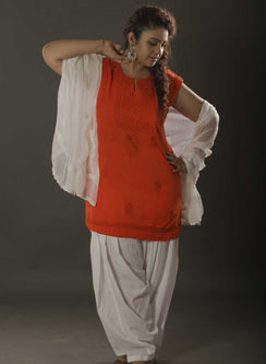 Orange Sleeveless - Gulshan Cotton Chikankari Short Top