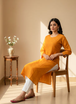 Orange - Cotton Terry Voile Bahaar Chikankari Kurta