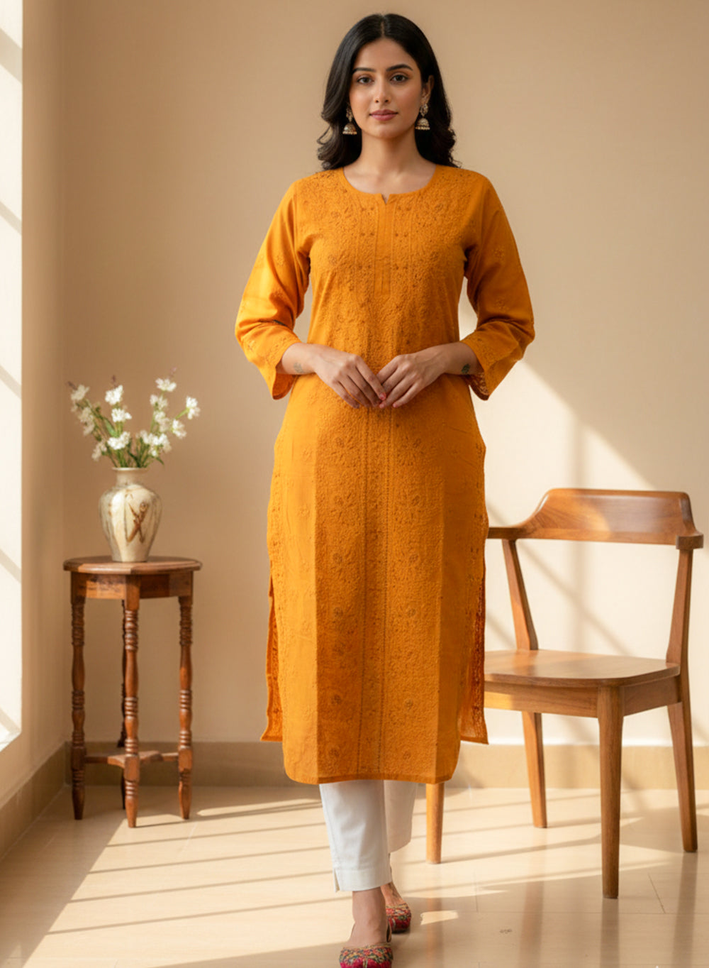 Orange - Cotton Terry Voile Bahaar Chikankari Kurta