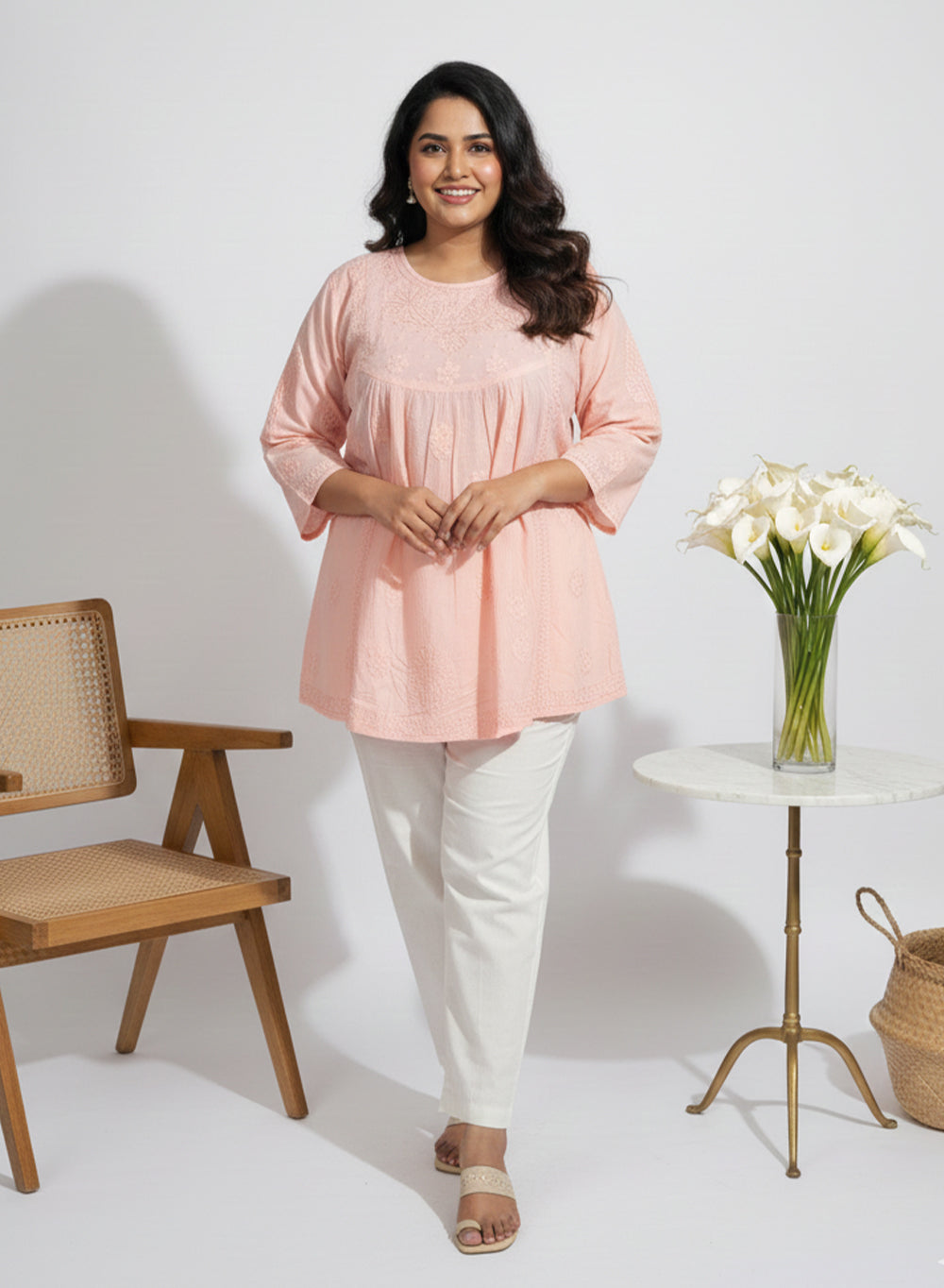 Peach - Resham Thread Gulshan Chikankari Short Top