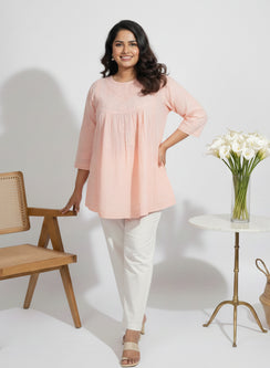 Peach - Resham Thread Gulshan Chikankari Short Top