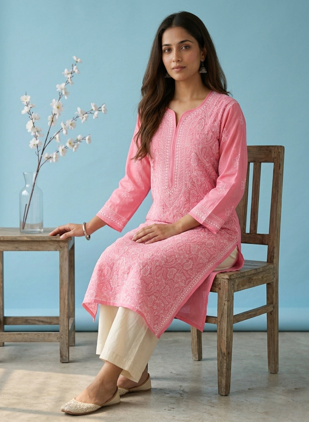 Peach Pink - Bahaar Cotton Terry Voile Chikankari Kurta