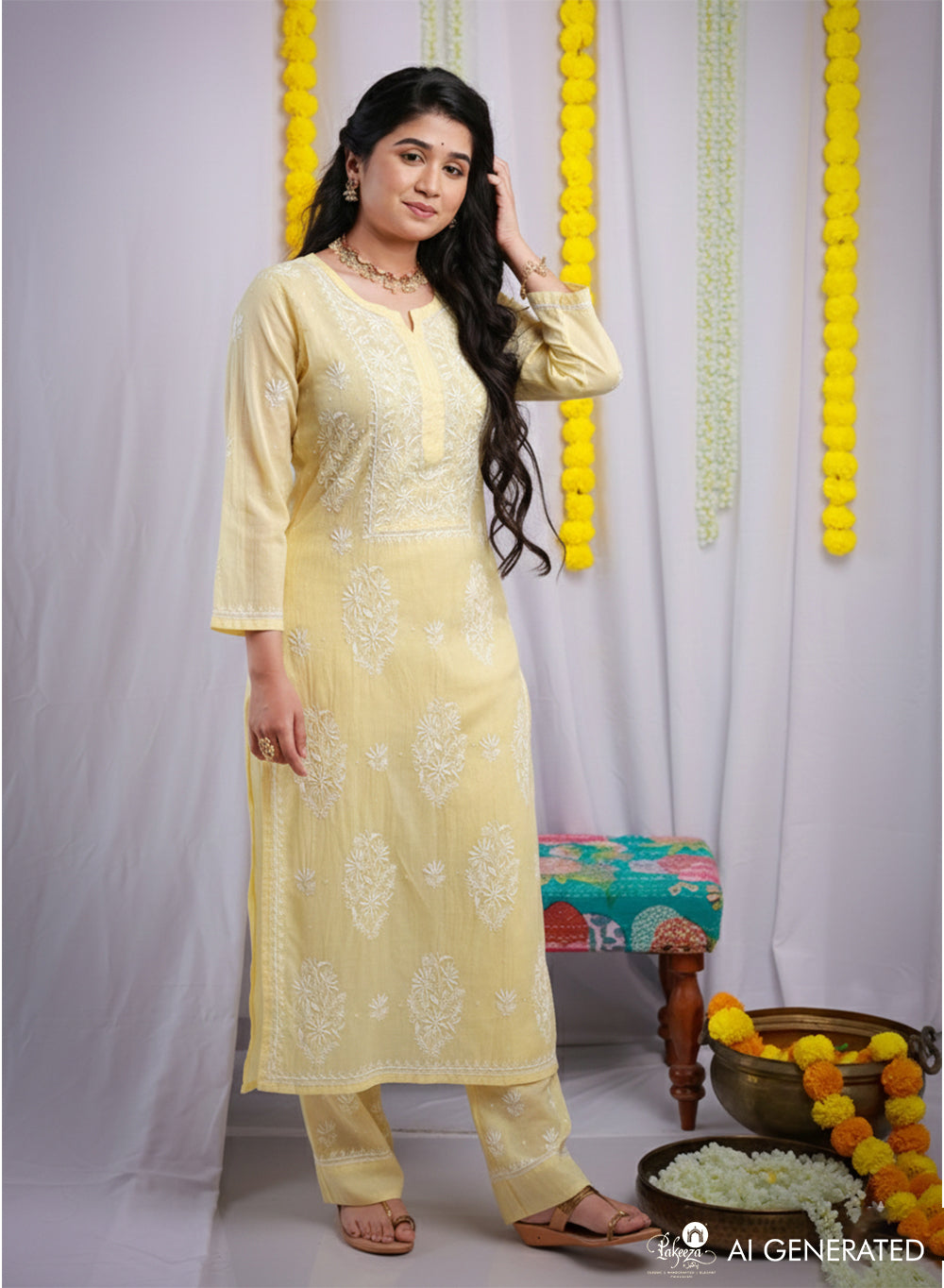 Eraya Pale Yellow - Mul Chanderi Nargis Chikankari Set