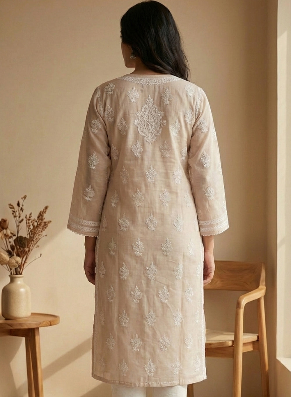 Pale Pink With Crochet Lace - Cotton Terry Voile Bahaar Chikankari Kurta With Slip