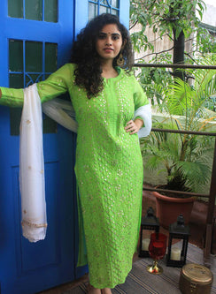 Parrot Green Gota Patti - Firdaus Chanderi Chikankari Kurta