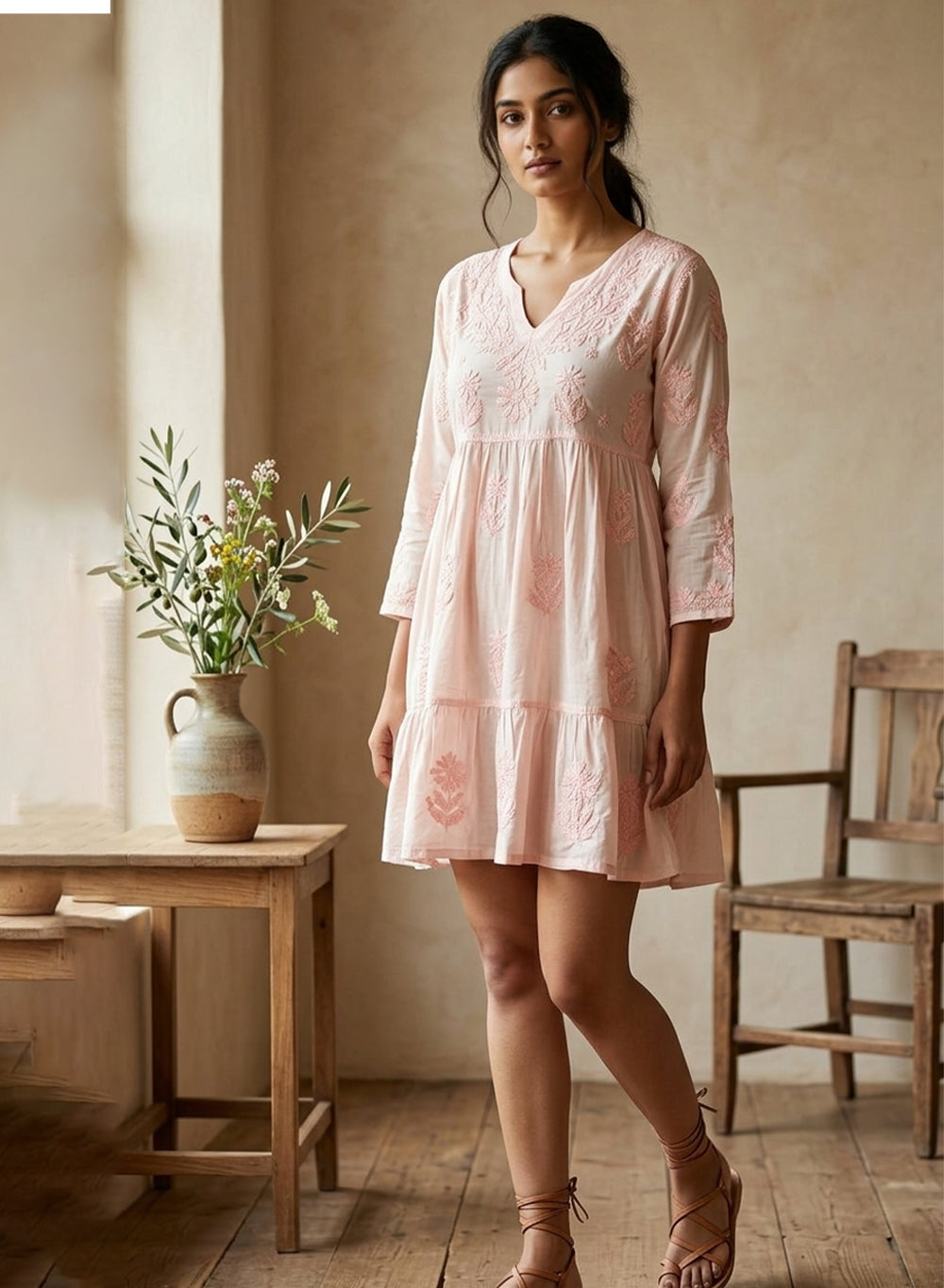 Diva Peach A-Line Muslin Chikankari Dress