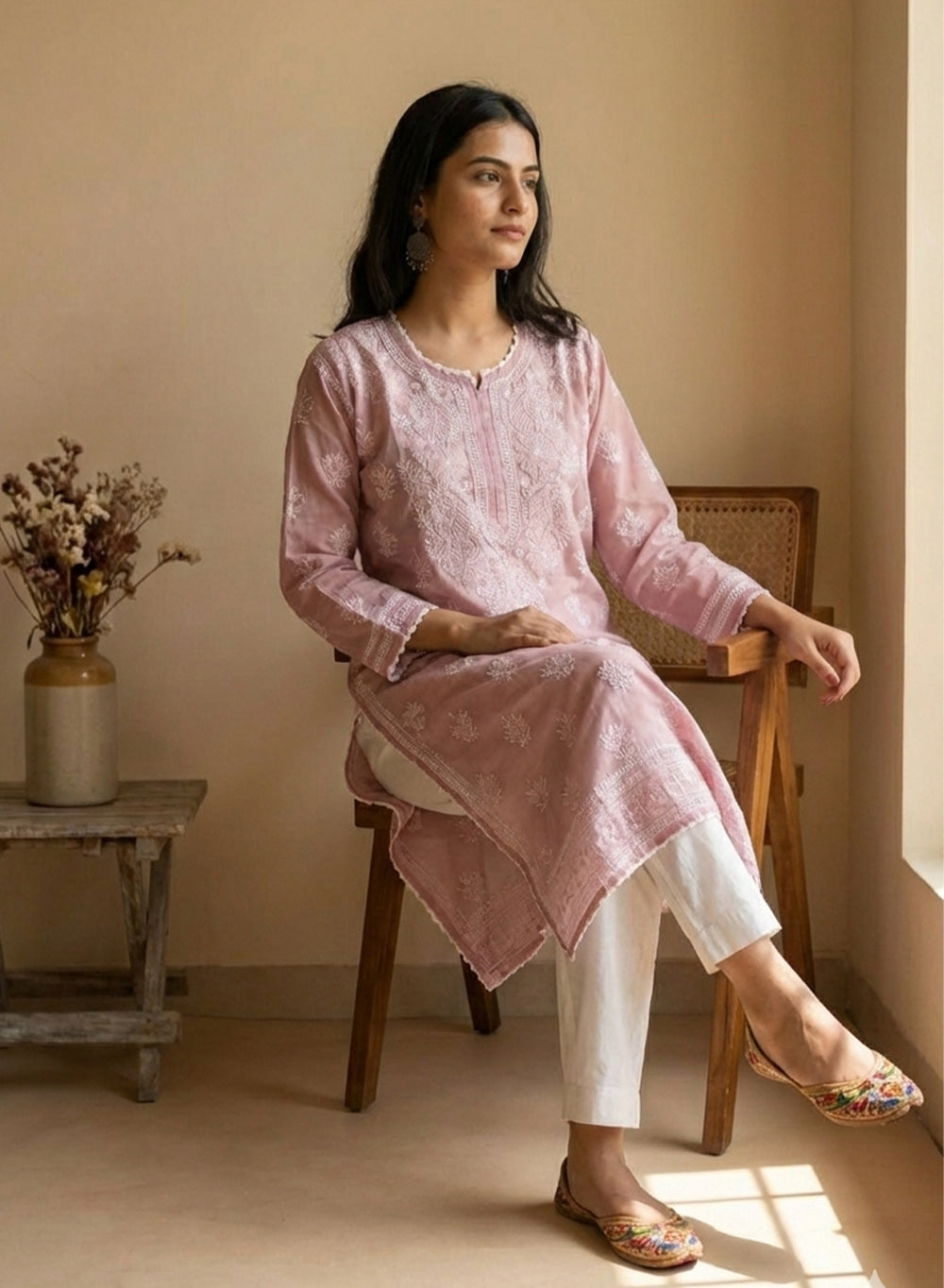 Peach Blush With Crochet Lace - Cotton Terry Voile Bahaar Chikankari Kurta With Slip