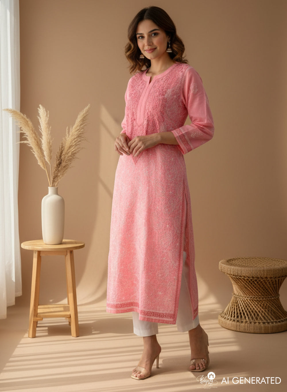 Peach Pink - Bahaar Cotton Terry Voile Chikankari Kurta