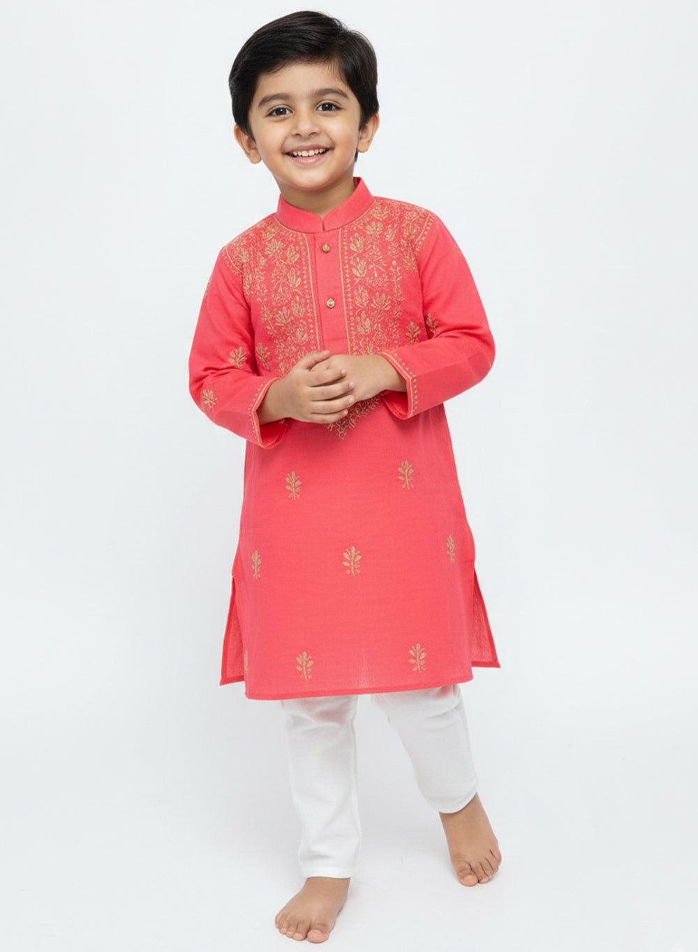 Peach Pink & Yellow - Cotton Chikankari Kurta