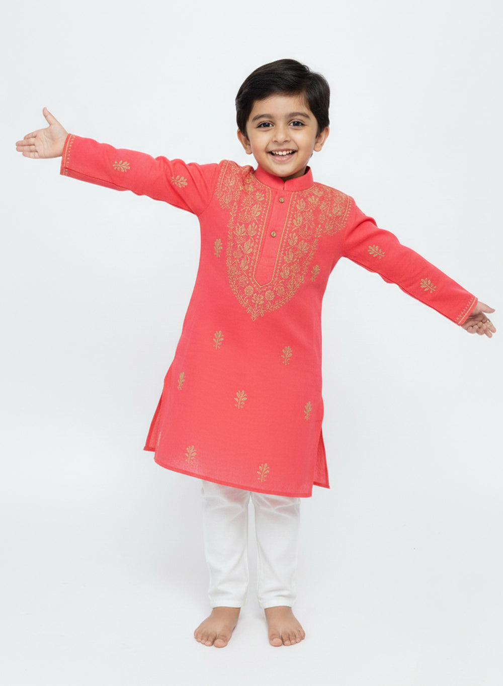 Peach Pink & Yellow - Cotton Chikankari Kurta