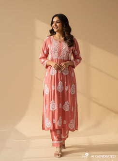 Peach - Muslin Nargis Chikankari Co-ord Set