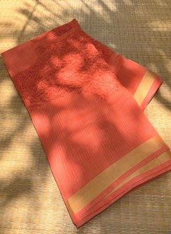 Peach On Peach Zari Border - Dhoop Kinaray Kota Cotton Chikankari Kurta Fabric