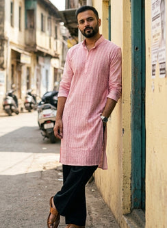Peach Pink - Nawab Cotton Vertical Design Front Jaal Chikankari Long Kurta