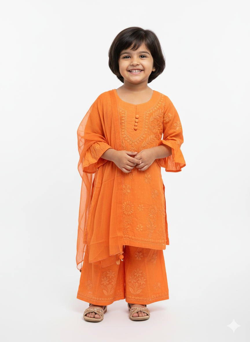 Pihu Orange - Dobby Cotton Chikankari Kidswear Set