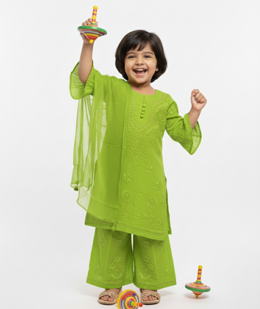 Pihu Light Green - Dobby Cotton Chikankari Kidswear Set