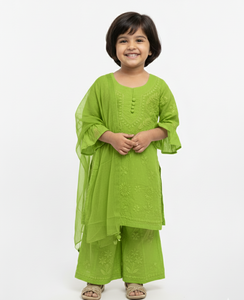 Pihu Light Green - Dobby Cotton Chikankari Kidswear Set