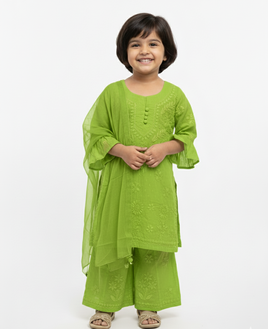 Pihu Light Green - Dobby Cotton Chikankari Kidswear Set