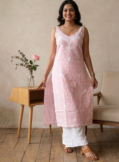 Surbhi Pink Printed Mul Cotton - Bahaar Noodle Strap Chikankari Kurta