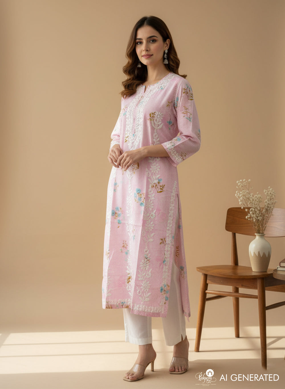 Pink Floral - Bahaar Mul Cotton Chikankari Kurta