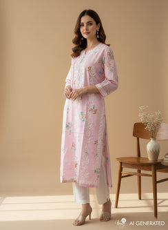Pink Floral - Bahaar Mul Cotton Chikankari Kurta