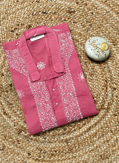 Pink - Nawab Cotton Men Chikankari Long Kurta