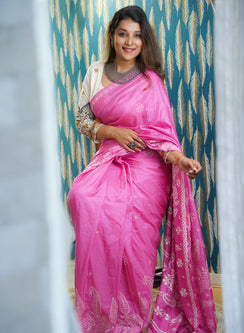 Pink - Pure Silk Aks Resham Chikankari Saree