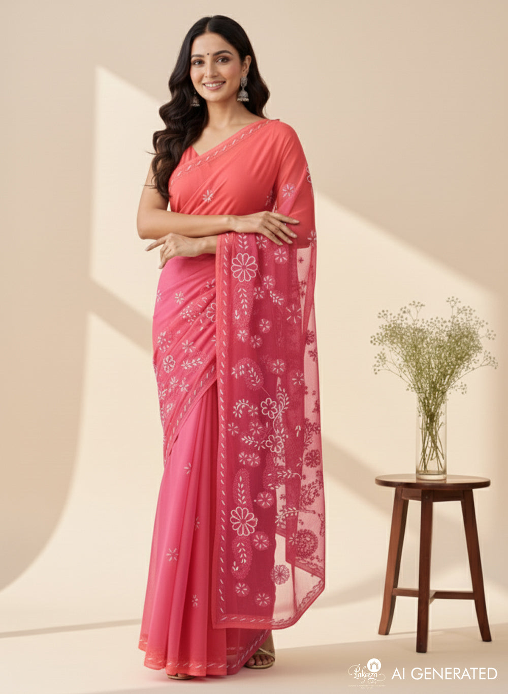 Pink Katdana - Aks Georgette Chikankari Saree