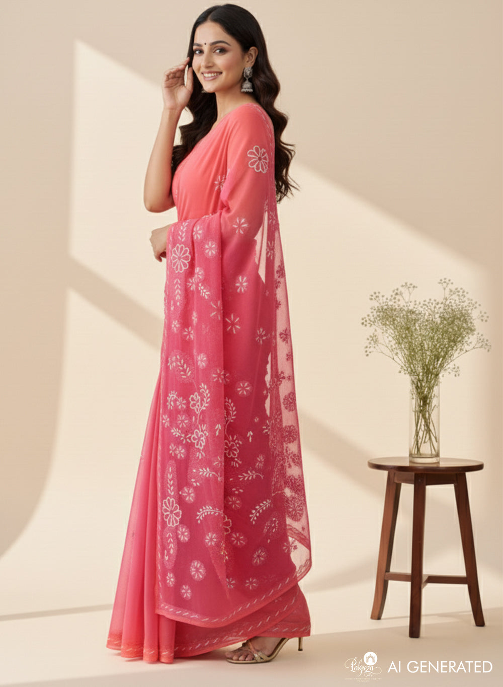 Pink Katdana - Aks Georgette Chikankari Saree