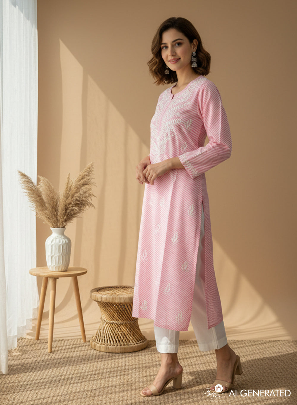 Pink Lehariya - Bahaar Mul Cotton Chikankari Kurta