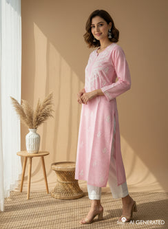 Pink Lehariya - Bahaar Mul Cotton Chikankari Kurta