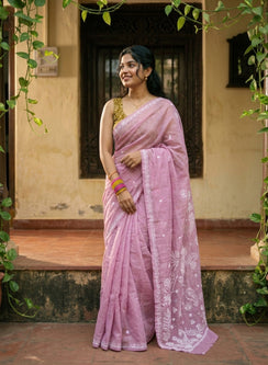 Pale Pink - Cotton Terry Voile Aks Chikankari Saree