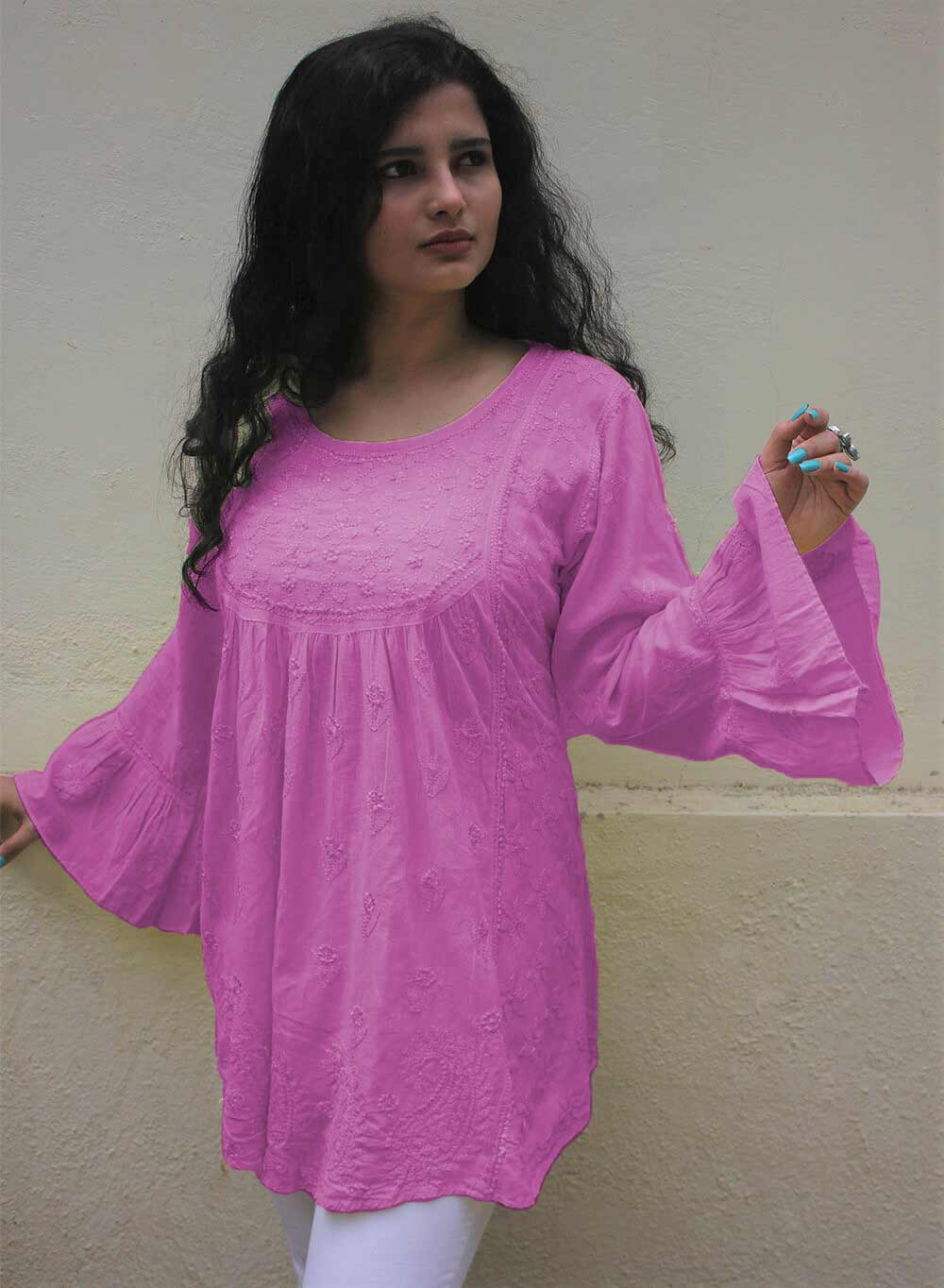 Pink Bell Sleeves - Pure Cotton Gulshan Short Top