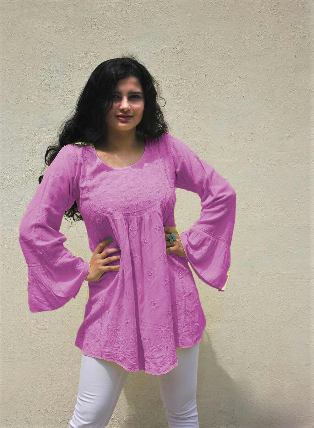 Pink Bell Sleeves - Pure Cotton Gulshan Short Top