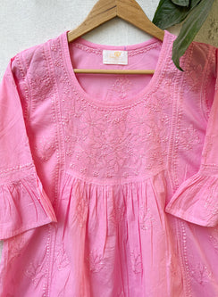 Peach Pink Bell Sleeves - Pure Cotton Gulshan Chikankari Short Top