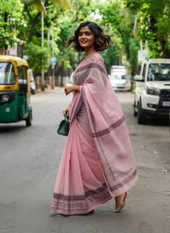 Pink - Kota Printed Aks Hand Embroidered Chikankari Saree