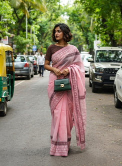 Pink - Kota Printed Aks Hand Embroidered Chikankari Saree