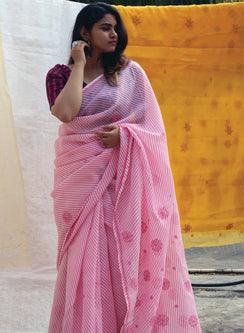 Pink Lehariya - Kota Aks Cotton Chikankari  Saree