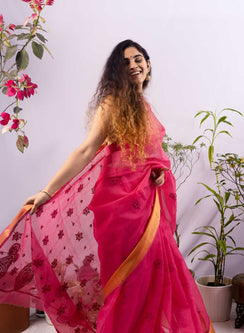 Pink Zari Kota Chanderi - Aks Cotton Chikankari  Saree