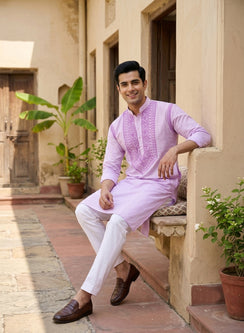 Pink - Nawab Polo Cotton Men Chikankari Long Kurta