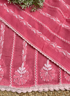 Dark Pink & White Jaali - Nazm Chikankari Kota Cotton Dupatta